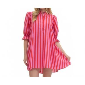 NEW STYLE USA striped puff sleeve mini dress in pink